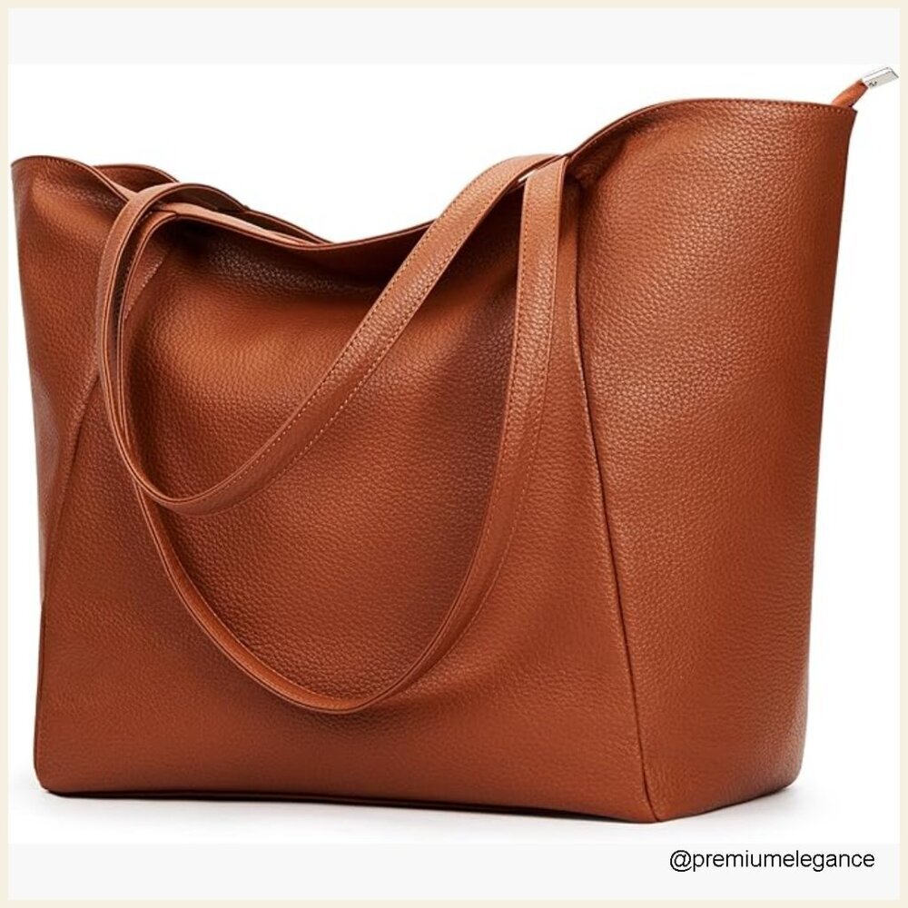 Large Vegan Leather Tote Bag with Zipper, 23L Capacity, Hobo Style Shoulder Bag